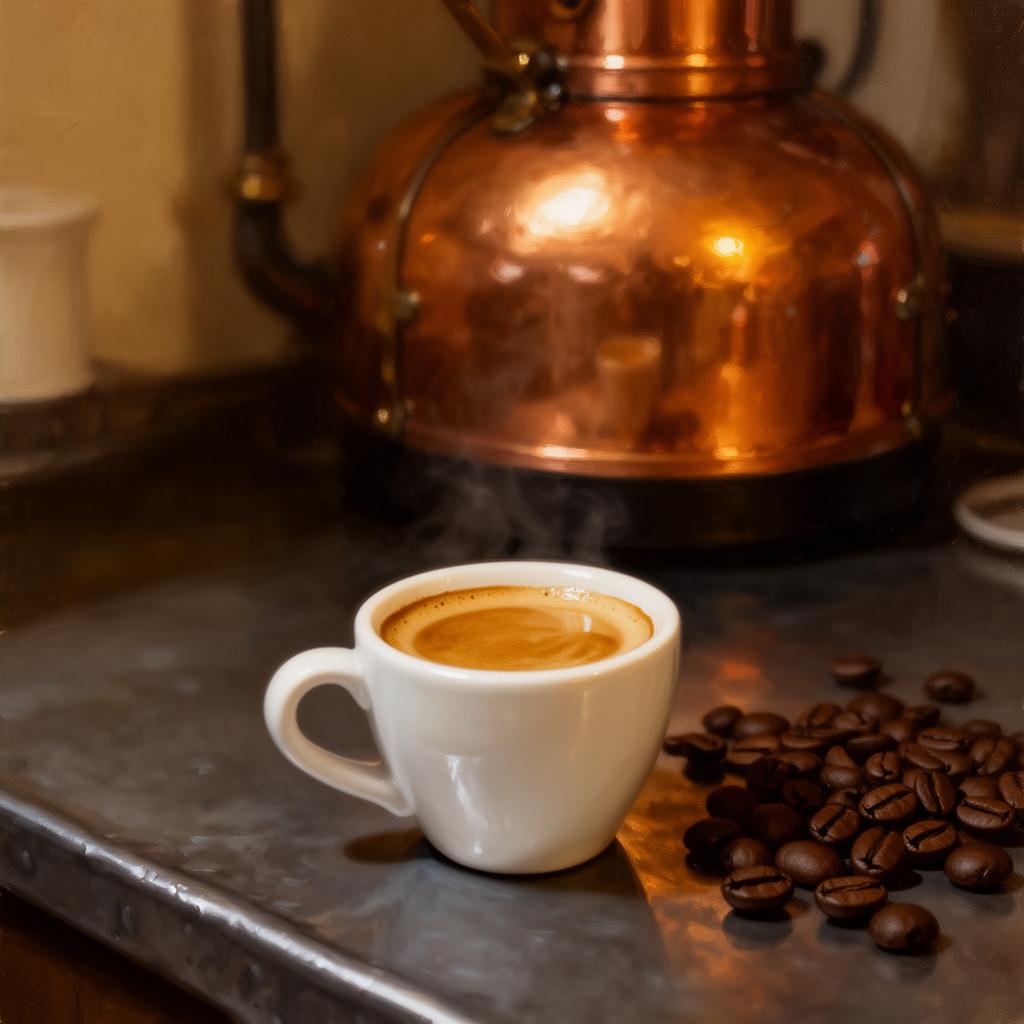 A small white espresso cup with perfect golden crema on a zinc counter, a glowing copper drum coffee roaster behind in soft bokeh, scattered roasted beans in warm amber light, painterly editorial style.