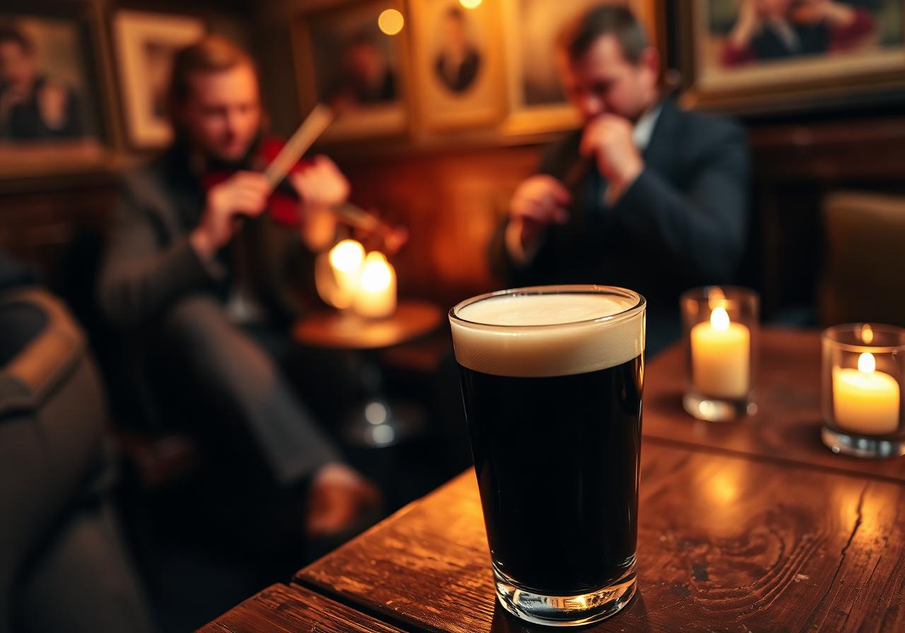 Close-up of a creamy-topped pint of stout on an old wooden table in a tiny back-room snug, candlelight and warm bokeh of a fiddler and flute player mid-trad-session, painterly editorial style.