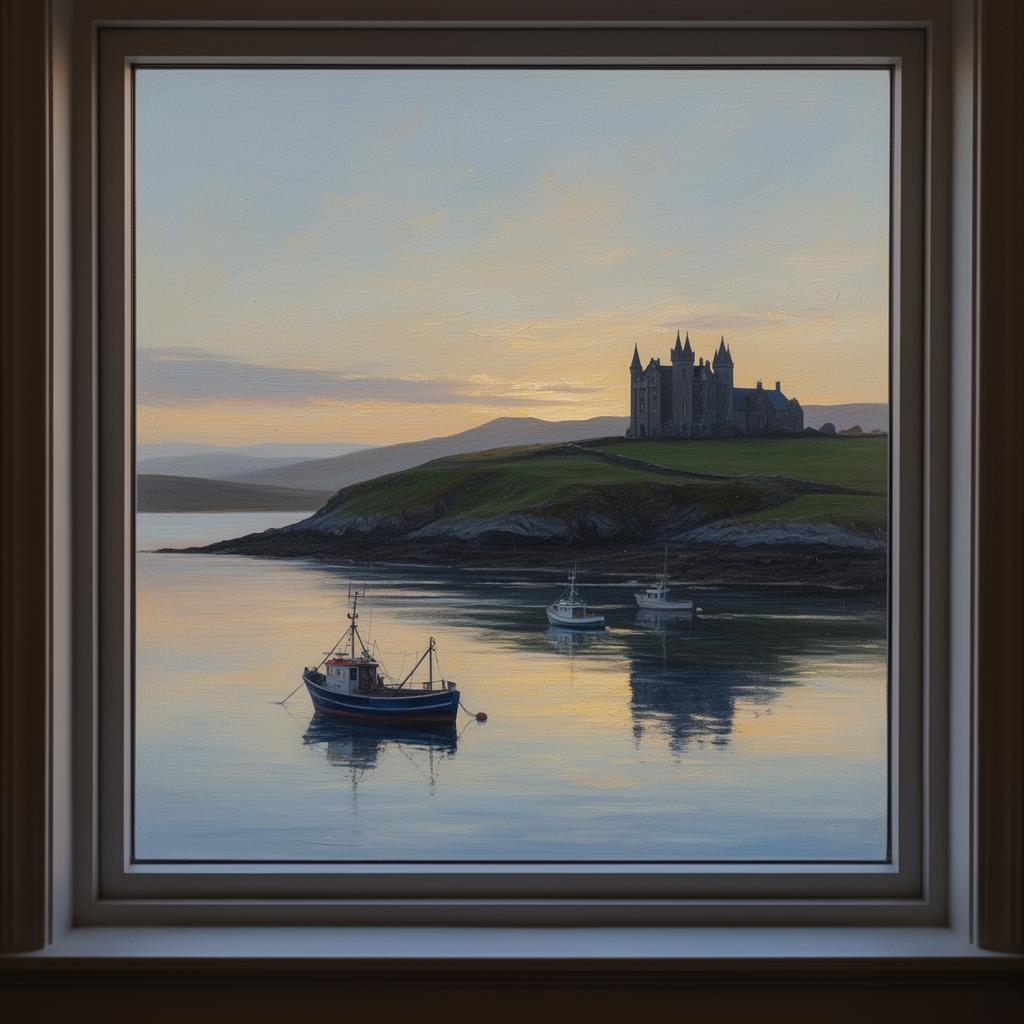 View through a hotel sash window across the still waters of Mullaghmore harbour at golden hour, fishing boats moored, the Victorian Gothic silhouette of Classiebawn Castle on the green headland in the distance, painterly editorial style.