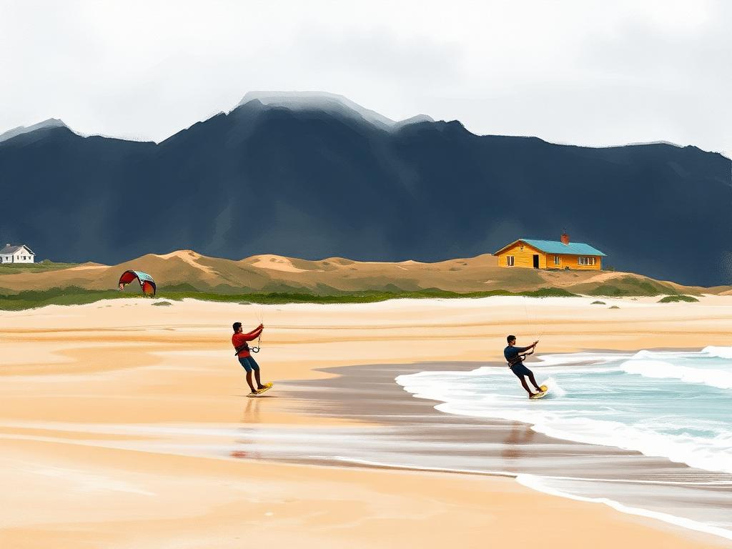 Two kitesurfers on a wide Atlantic beach below the dark slope of Slievemore mountain, their bright kites lifted against an overcast sky