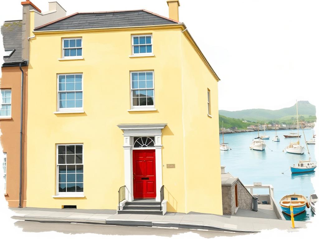 A tall pale-yellow Georgian townhouse on Clifden quay with sash windows and a bright red front door, a glimpse of Clifden Bay and small boats to the right