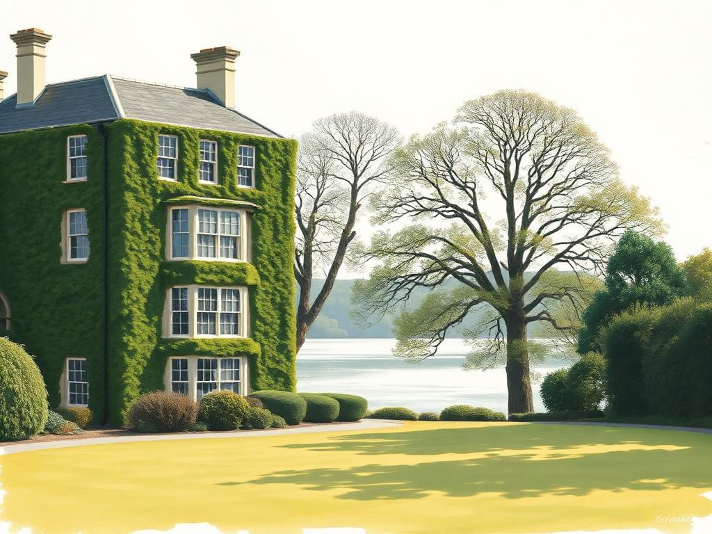 Painterly view of an ivy-covered Georgian country house hotel with tall sash windows and twin chimneys seen across a manicured lawn, the calm pewter water of Lough Swilly glimpsed beyond a stand of mature beech trees.