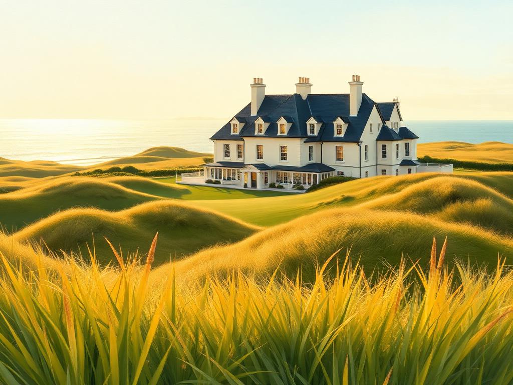 Painterly view of a stately cream-rendered Edwardian links hotel with a slate roof rising above rolling green dunes at golden hour, a glimmer of Sheephaven Bay beyond and tall marram grass catching the warm light in the foreground.