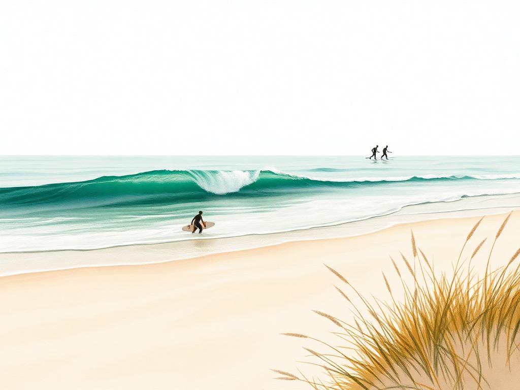 Painterly view of a single small turquoise wave curling onto pale wet sand on a wide empty Atlantic beach, two tiny silhouetted surfers paddling out in the distance, marram dune grass blurred in the corner under overcast pearl light.