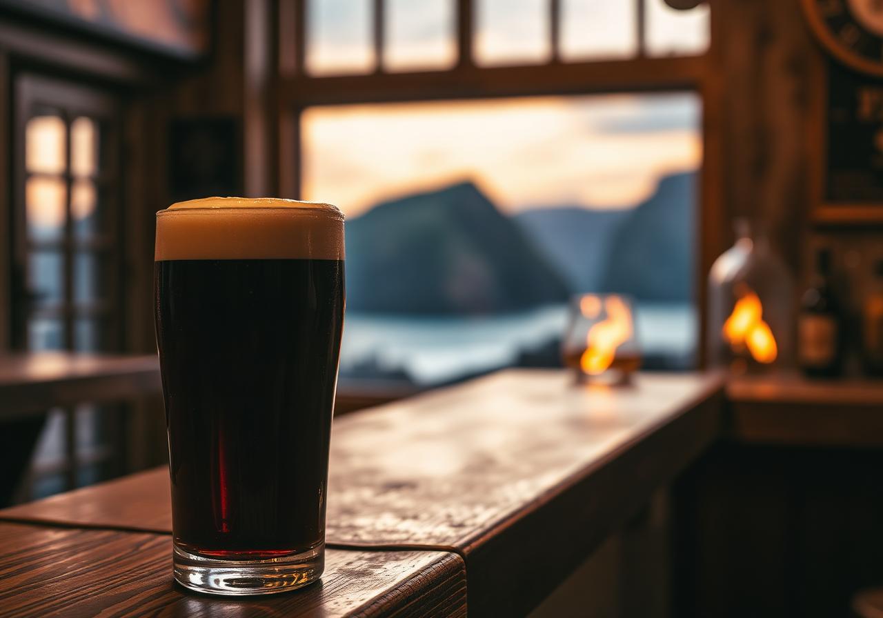 Close-up of a creamy-topped pint of stout on a worn wooden bar counter, warm bokeh of a turf fire and a window beyond showing the dark mass of Slieve League cliffs at dusk over Teelin bay, painterly editorial style.