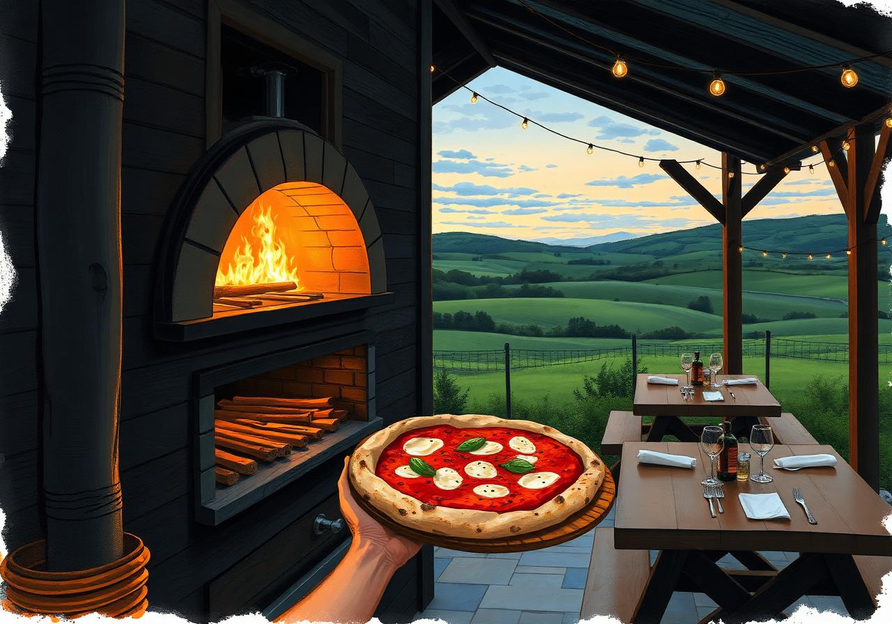 Painterly view of a wood-fired pizza oven glowing orange inside a converted black timber shed near Dunfanaghy, a charred margherita on a wooden peel sliding out, picnic tables with fairy lights outside on a summer Donegal evening.