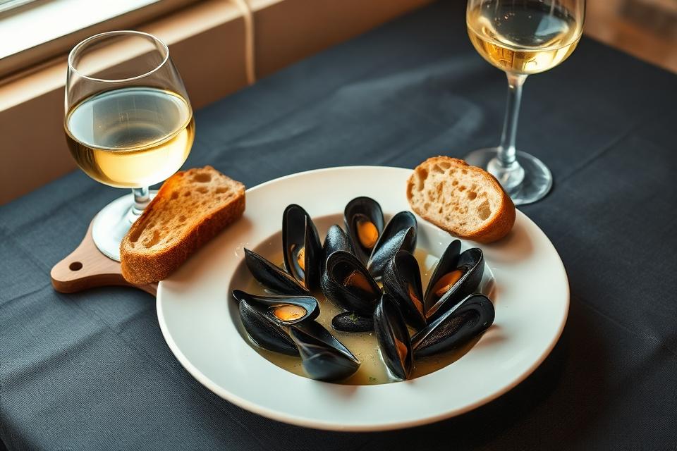 A bowl of Killary mussels in a creamy white-wine broth on a Sage table, with a wedge of brown soda bread and a glass of crisp white wine beside it by a sunlit window.