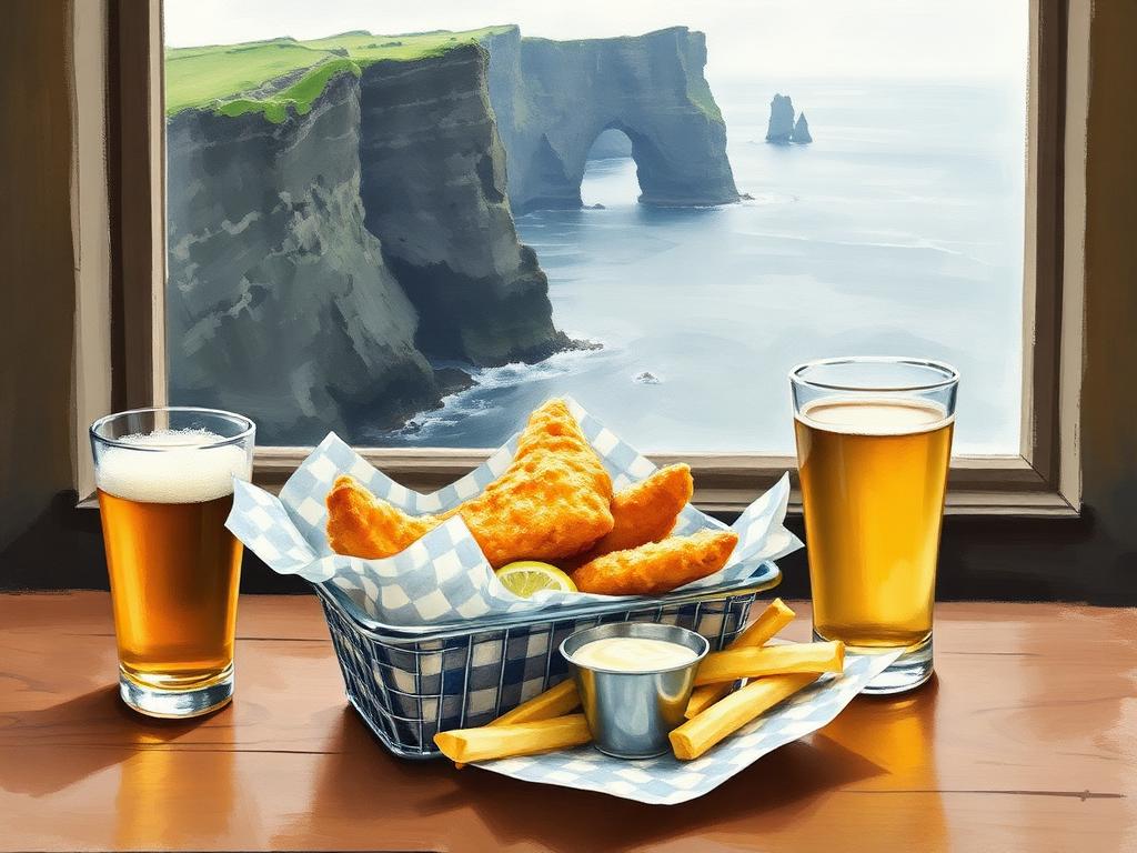 Painterly view of a basket of golden-battered fish and chips with a wedge of lemon and a small ramekin of tartare sauce on a checked paper liner beside two pints of pale ale, on a wooden table by a small pub window framing a soft-focus view of dark Atlantic cliffs and a sea arch.