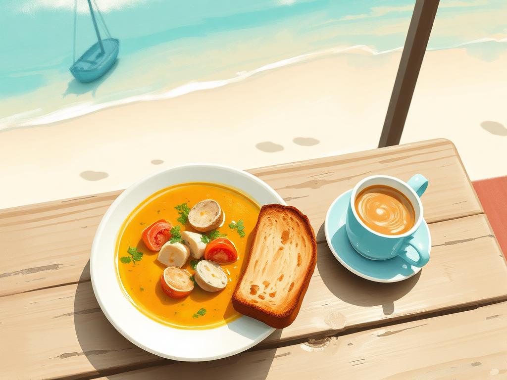 Painterly overhead view of a steaming bowl of seafood chowder, a buttered slab of brown soda bread and a flat white coffee on a weathered outdoor cafe table, soft-focus pale sand and turquoise Sheephaven Bay behind with a moored sailboat.