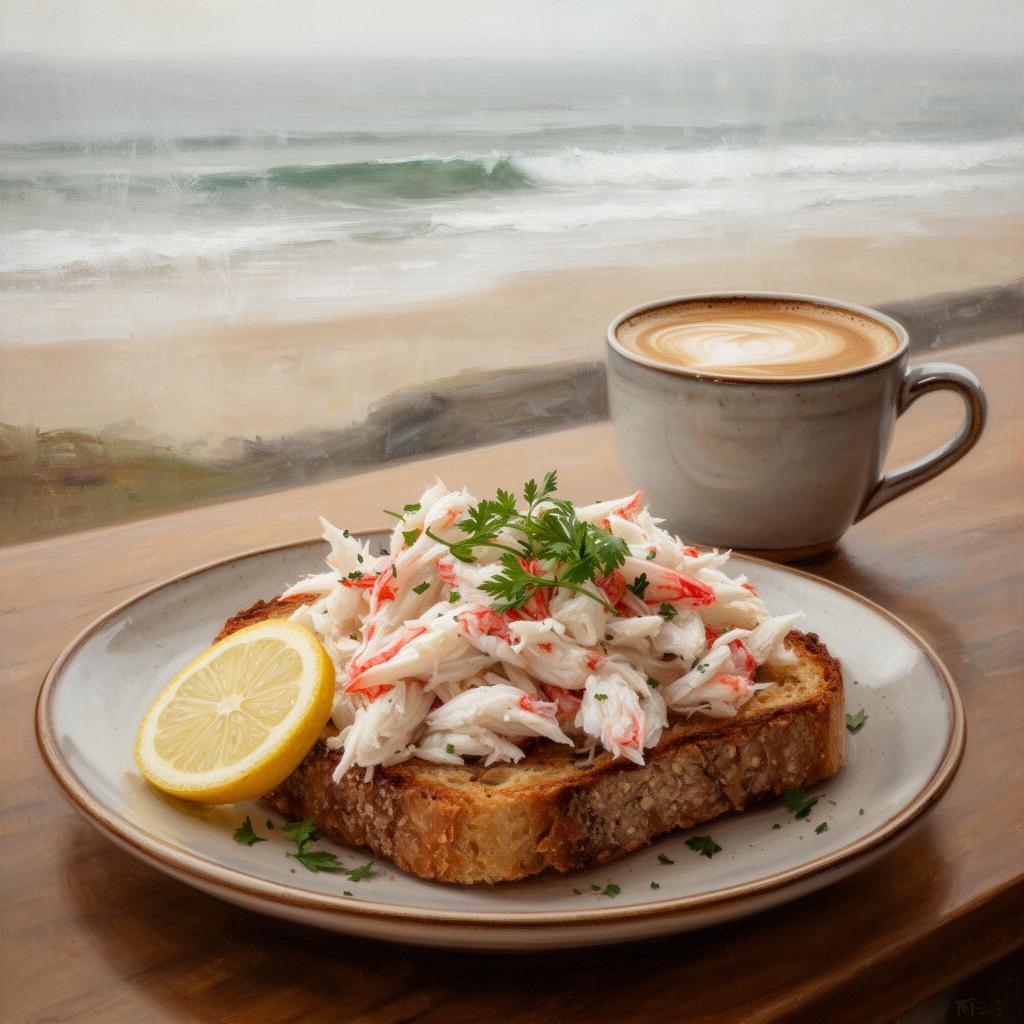 An open crab sandwich on toasted sourdough with parsley and a wedge of lemon, beside a flat white in a ceramic cup, on a wooden seafront table at Strandhill with the Atlantic surf rolling in beyond the window, painterly editorial style.