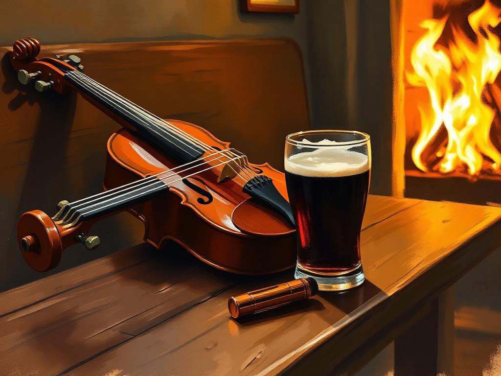 Painterly close-up of a fiddle and a tin whistle resting on a worn wooden pub bench beside a half-finished pint of stout, deep amber bokeh of a turf fire glowing to the side, mahogany and ember tones.