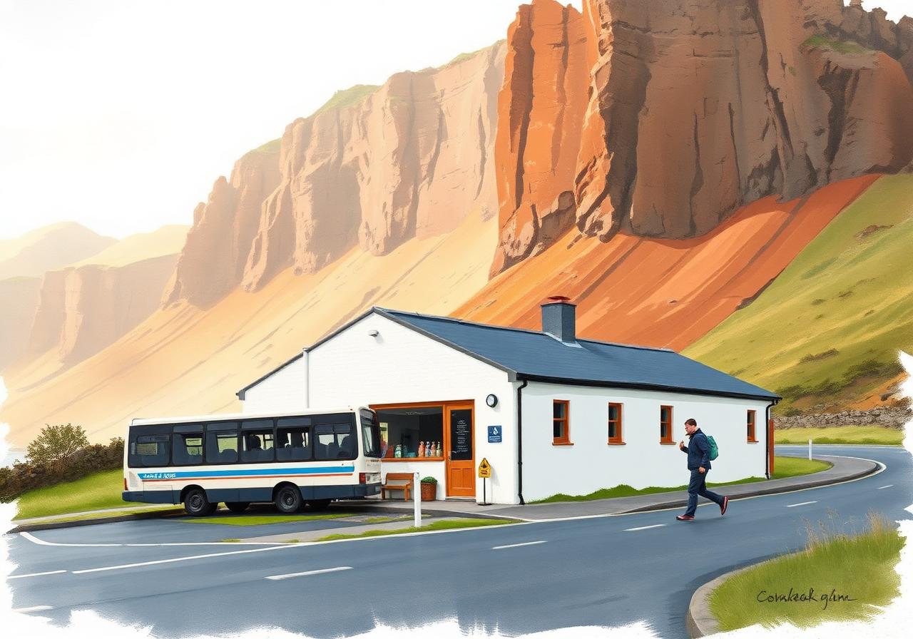 Low whitewashed visitor centre at the foot of the road climbing toward Slieve League, the vast layered ochre and rust Slieve League cliffs rising dramatically behind, a small minibus shuttle parked by the door, painterly editorial style.