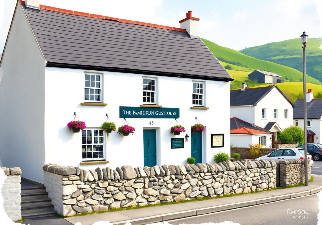 Two-storey whitewashed family-run guesthouse on the main street of Carrick village in south-west Donegal, slate roof, hanging baskets, the green slopes of the hills rising behind in soft late-afternoon light, painterly editorial style.