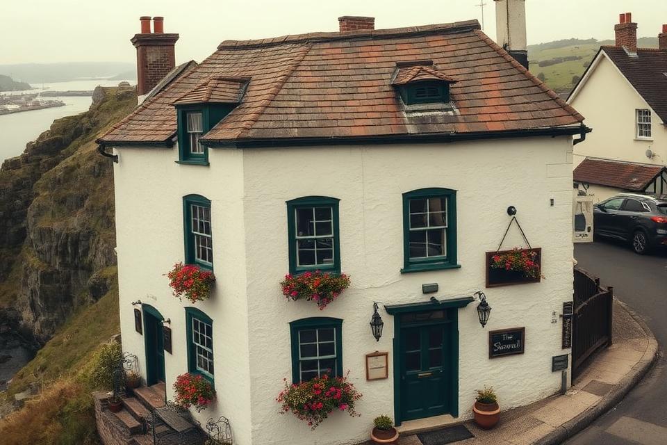 The Spaniard — a whitewashed two-storey pub clinging to the slope above Kinsale harbour, deep green window trim, hanging baskets of red flowers, the harbour in the distance.
