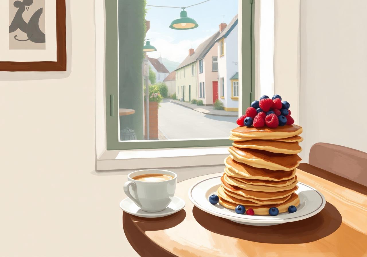 Painterly interior of a small bright Dunfanaghy breakfast café, a tall stack of pancakes topped with berries beside a flat white in a ceramic cup on a sunny wooden table by the window, the village's main street softly visible outside.