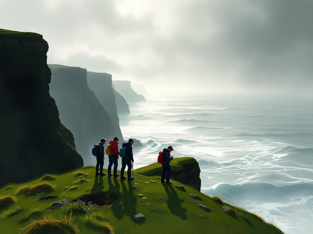 Painterly view of a small group of silhouetted hikers in waterproofs standing on a wild green clifftop above dramatic dark layered sea cliffs and a churning Atlantic under low moody silver light through breaking cloud.