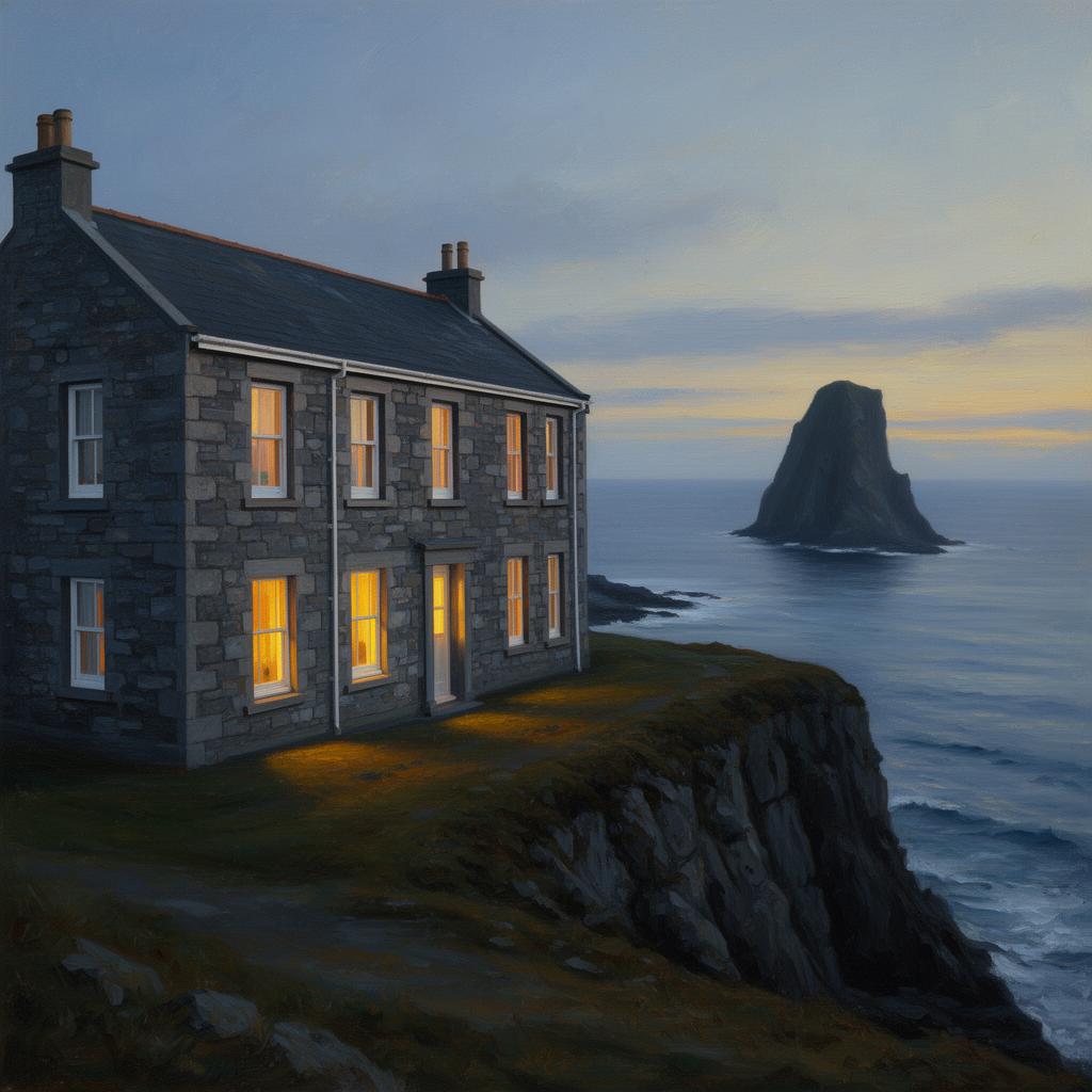 Restored 1850s stone coastguard station on a clifftop in north Mayo at golden hour, deep-set windows glowing warmly from within, the Atlantic stretching to the horizon and the unmistakable silhouette of Downpatrick Head's sea stack Dún Briste rising from the sea in the distance, painterly editorial style.