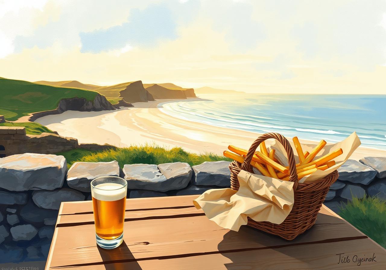 Painterly view from a stone terrace at Maghery over a long crescent of pale Donegal sand and sapphire Atlantic at golden hour, a wooden picnic table in the foreground holding a pint and a wicker basket of golden chips, headlands of Crohy Head in the haze beyond.