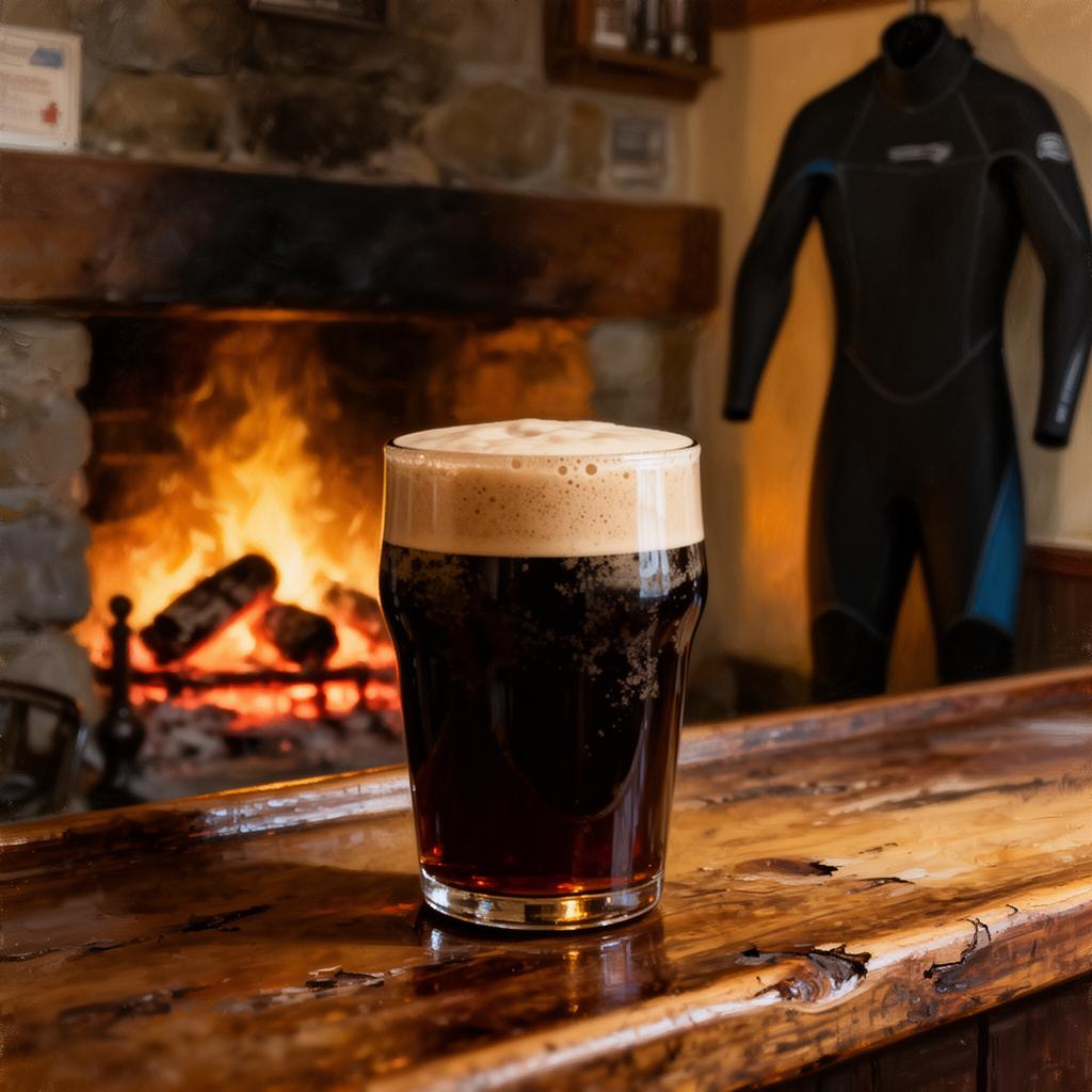 A pint of stout on a worn timber bar with a glowing turf fire in the stone hearth behind and a wetsuit hanging on the wall — the post-surf scene at a Strandhill pub in soft amber light, painterly editorial style.