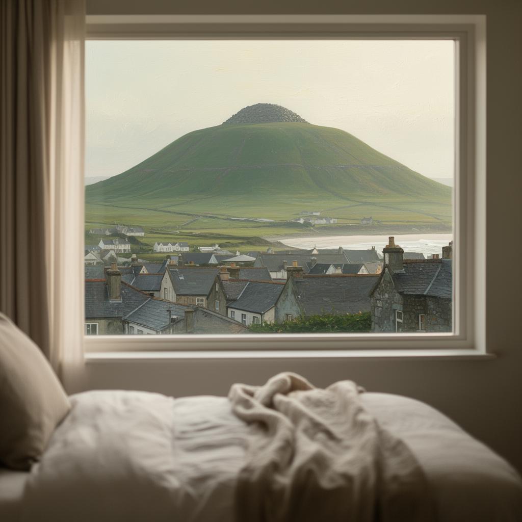 View from a boutique hotel bedroom window above Strandhill village across slate rooftops to the great green dome of Knocknarea with Queen Maeve's cairn on its summit, a linen-dressed bed in soft focus in the foreground, painterly editorial style.