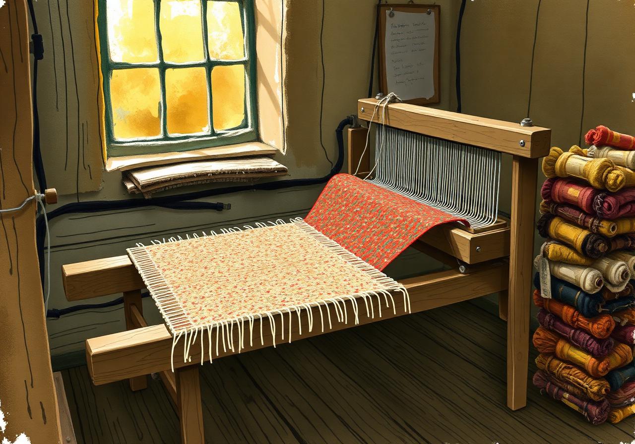 Old wooden hand-loom in a small Donegal weaving mill, warm window light falling on a half-woven length of flecked Donegal tweed in heather and rust tones, spools of coloured wool stacked beside it, painterly editorial style.