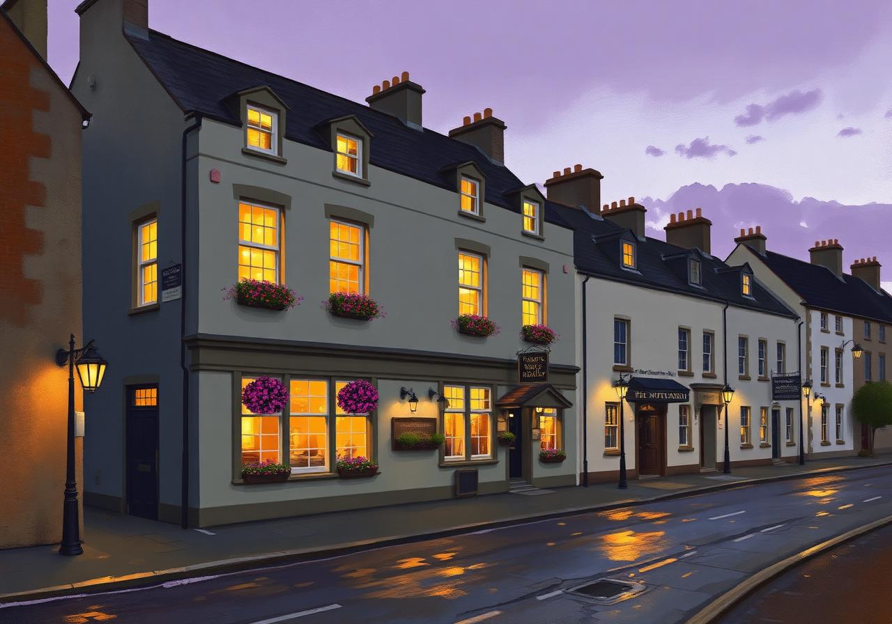 Painterly view of an elegant 1880s three-storey hotel on the main street of Dungloe at dusk, sash windows glowing warm gold above hanging flower baskets, wet cobbles reflecting the lamps under a soft purple twilight sky.