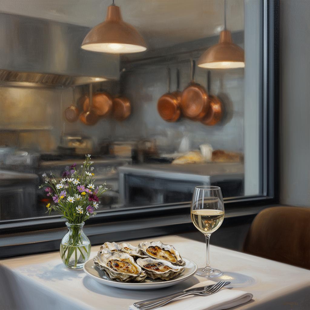 A window-side restaurant table set with a half-shell of grilled Mullet oysters, a chilled glass of white wine and a small vase of wildflowers, copper pendant lamps overhead and an open kitchen with hanging copper pans in soft focus behind, painterly editorial style.
