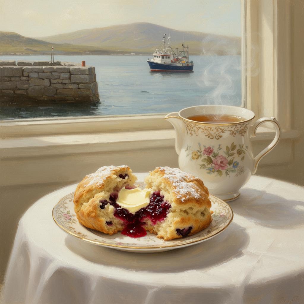A floury fruit scone split with butter and red jam on a vintage floral china plate beside a porcelain teapot on a small white-clothed table by a window looking onto Mullaghmore stone harbour with a fishing boat outside, painterly editorial style.