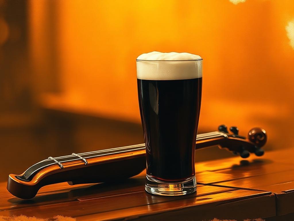 A close-up of a single freshly poured pint of stout with a thick cream head on a worn wooden bar, a fiddle resting beside it and warm amber firelight glowing out of focus behind