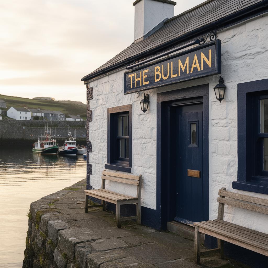 The Bulman pub in Summercove on Kinsale harbour — a small white-painted building with deep navy trim, wooden benches outside, fishing boats on the quay behind.