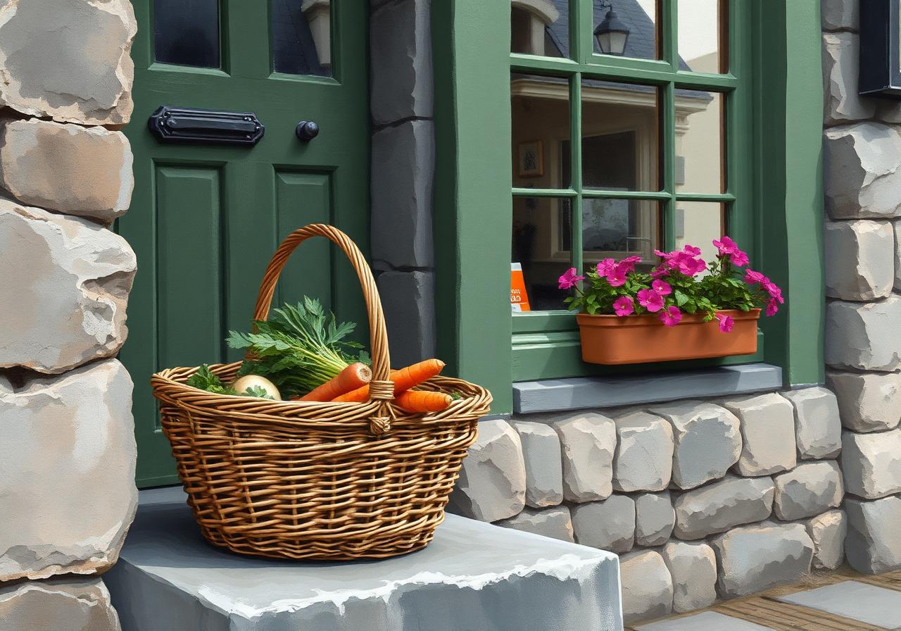 Painterly close-up of a wicker basket of fresh vegetables — turnips, carrots and onions — sitting on the stone step of The Cope in Dungloe, beside a green-painted timber doorframe and a sash window with geraniums in a window box.