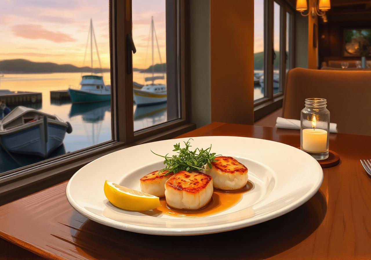 Painterly close-up of a plate of pan-seared scallops with a lemon wedge and microgreens on a wooden table beside a window, Portnablagh harbour at dusk visible outside with moored fishing boats and an apricot sky.