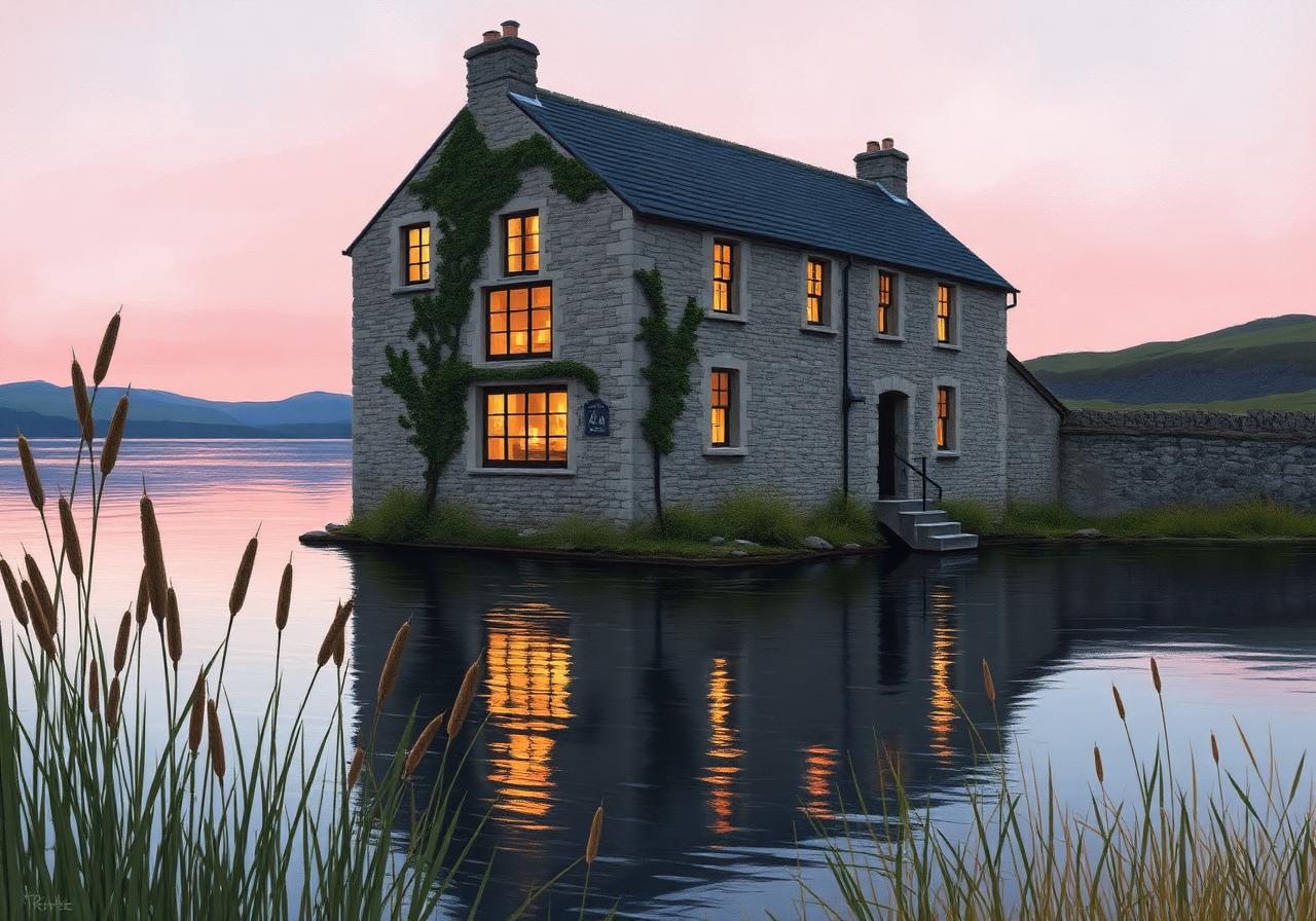 Painterly view of an old converted stone flax mill on the shore of New Lake near Dunfanaghy, ivy on the gable, candlelit dinner-room windows glowing in the dusk and reflecting on still pink-tinted water with reeds in the foreground.
