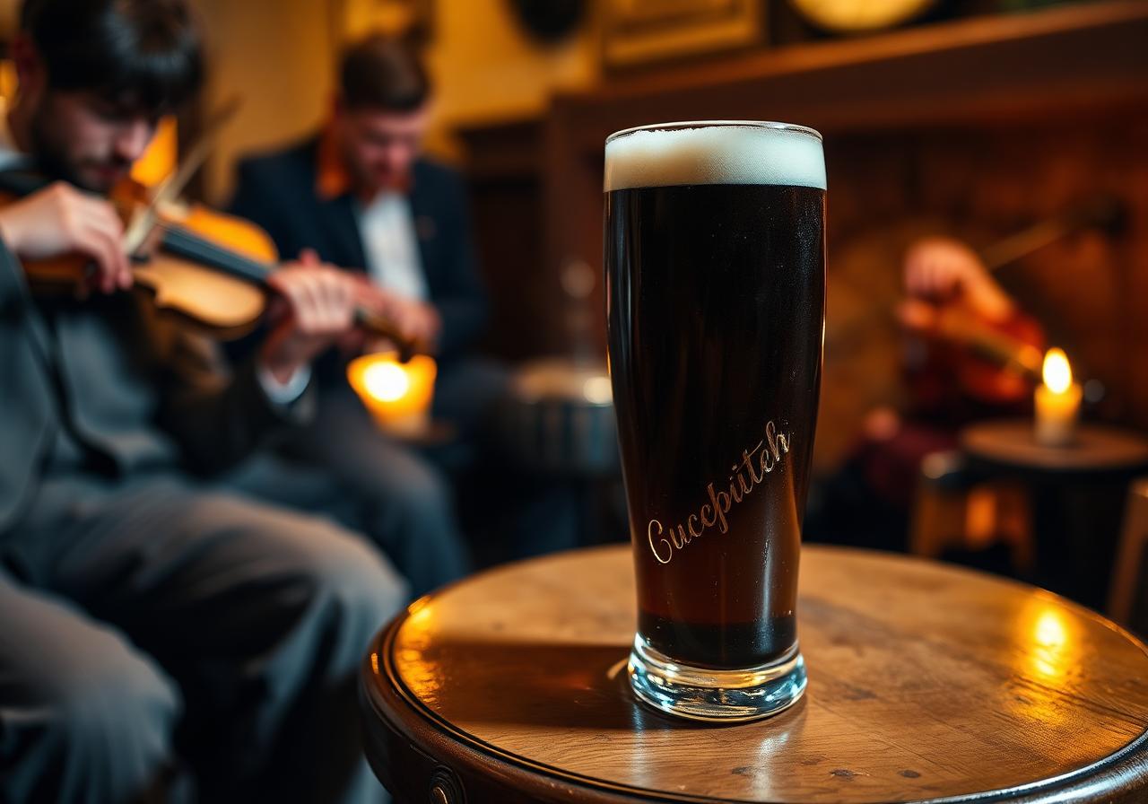 Close-up of a creamy-topped pint of stout on a small round wooden table in a snug pub corner, candlelight and warm bokeh of a fiddler and bodhrán player mid-trad-session, painterly editorial style.