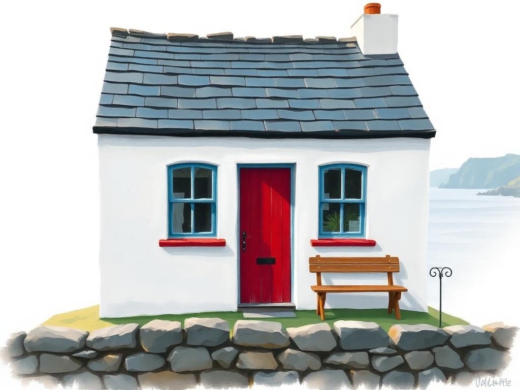 A small whitewashed harbour cottage on Inis Oírr with a slate roof, red timber door, sea-blue window frames and a wooden bench beside the door