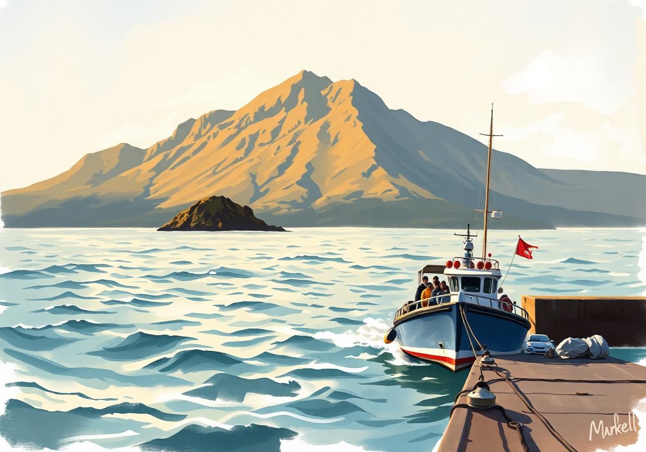 Small open passenger ferry pulling in to Magheraroarty pier in north Donegal, Tory Island a low rocky silhouette nine miles out across choppy Atlantic water, the great pyramid of Mount Errigal rising on the mainland behind in golden afternoon light, painterly editorial style.