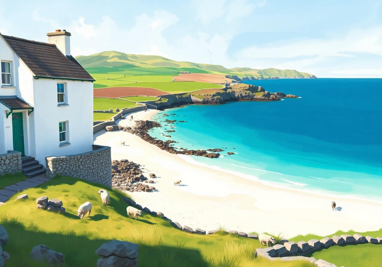 Whitewashed B&B at the south of Inishturk looking down on the curved white sand of Tranaun Bay with turquoise Atlantic water, green island fields with drystone walls and grazing sheep, painterly editorial style.