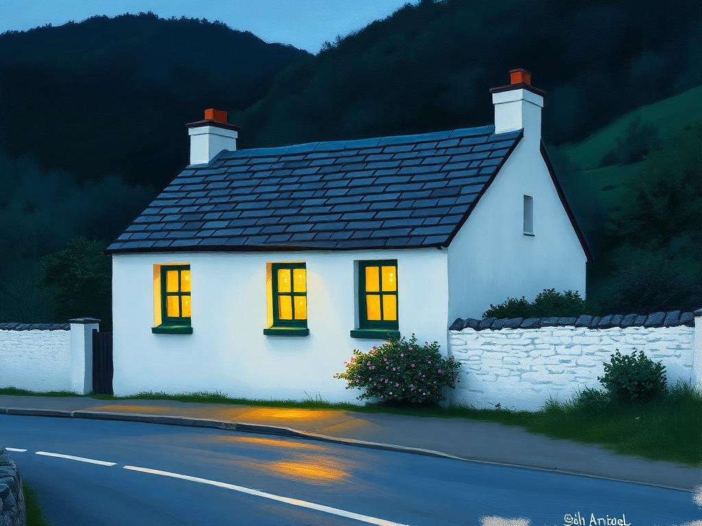 A small whitewashed crossroads cottage at dusk with warm yellow light spilling from its windows, slate roof, dark green window frames, the wooded slopes of Diamond Hill rising behind