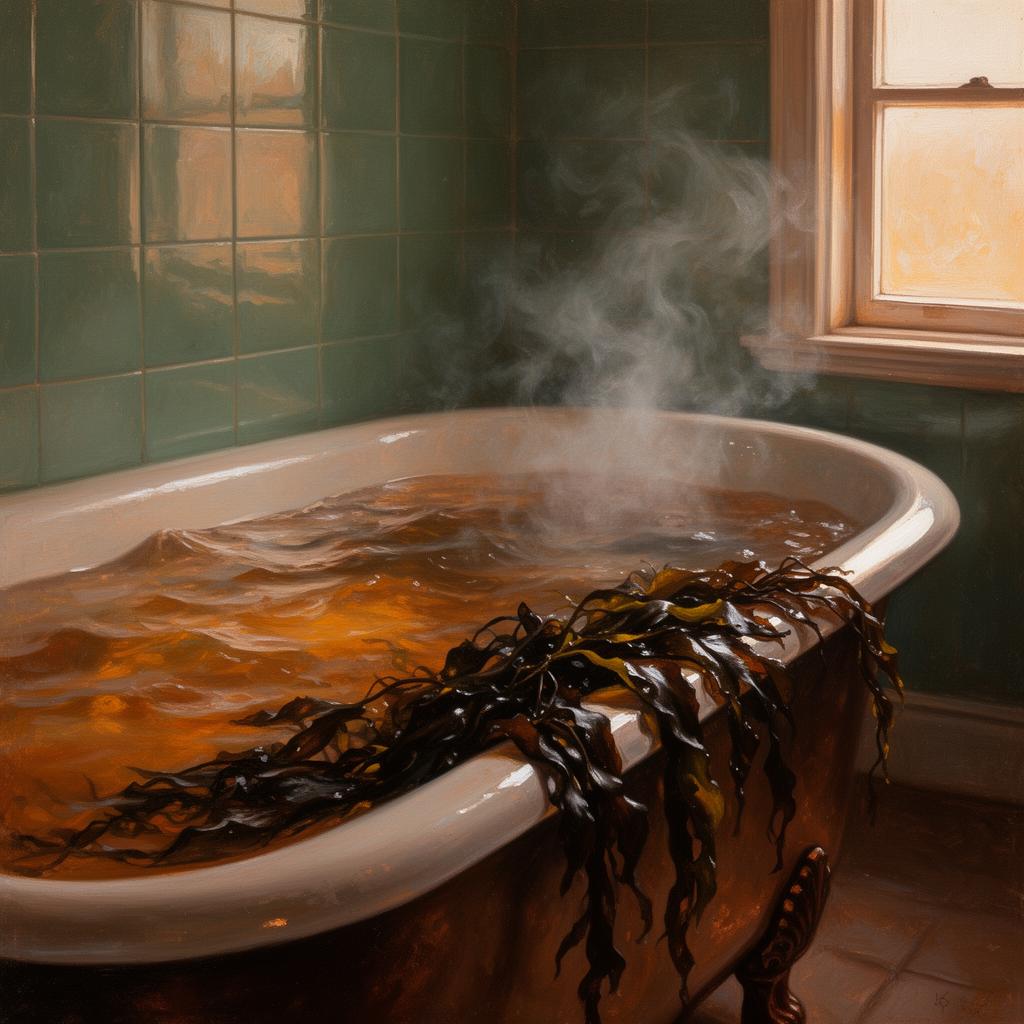 A cast-iron Victorian bath filled with steaming amber seawater, fresh dark Atlantic kelp draped over the rim, soft steam rising into a tiled green-tiled bath room with warm window light, painterly editorial style.