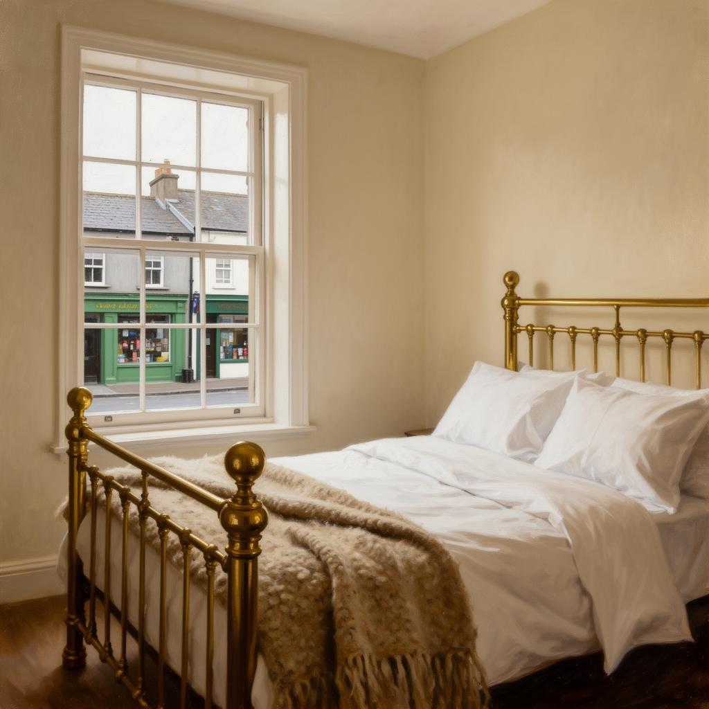 A small hotel bedroom with a brass-framed bed dressed in white linen and a wool throw, a tall sash window onto Belmullet's quiet main street with low painted shopfronts in soft focus outside, soft afternoon light, painterly editorial style.
