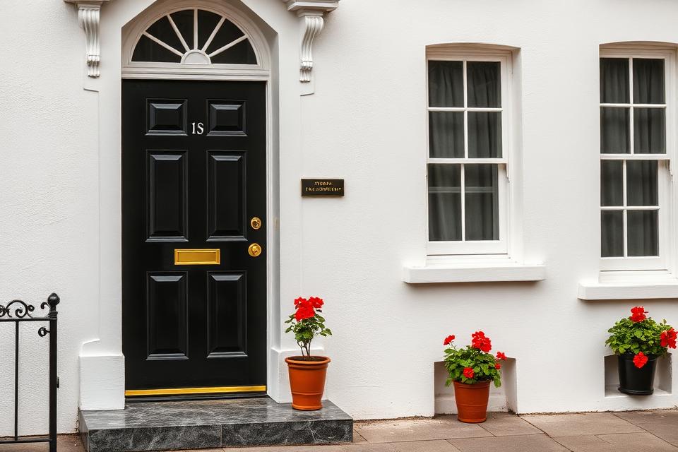 The White House — a Georgian whitewashed townhouse front with a glossy black panelled door, brass knocker and a fanlight, red geraniums on the step.
