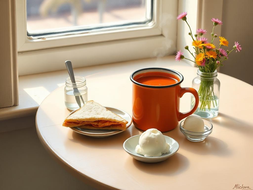 Painterly still life of a steaming orange enamel mug of tomato soup, a triangle-cut sandwich on a small plate and a scoop of vanilla ice cream in a glass dish on a pale wooden cafe table, a jar of pink and yellow wildflowers beside them in soft warm window light.