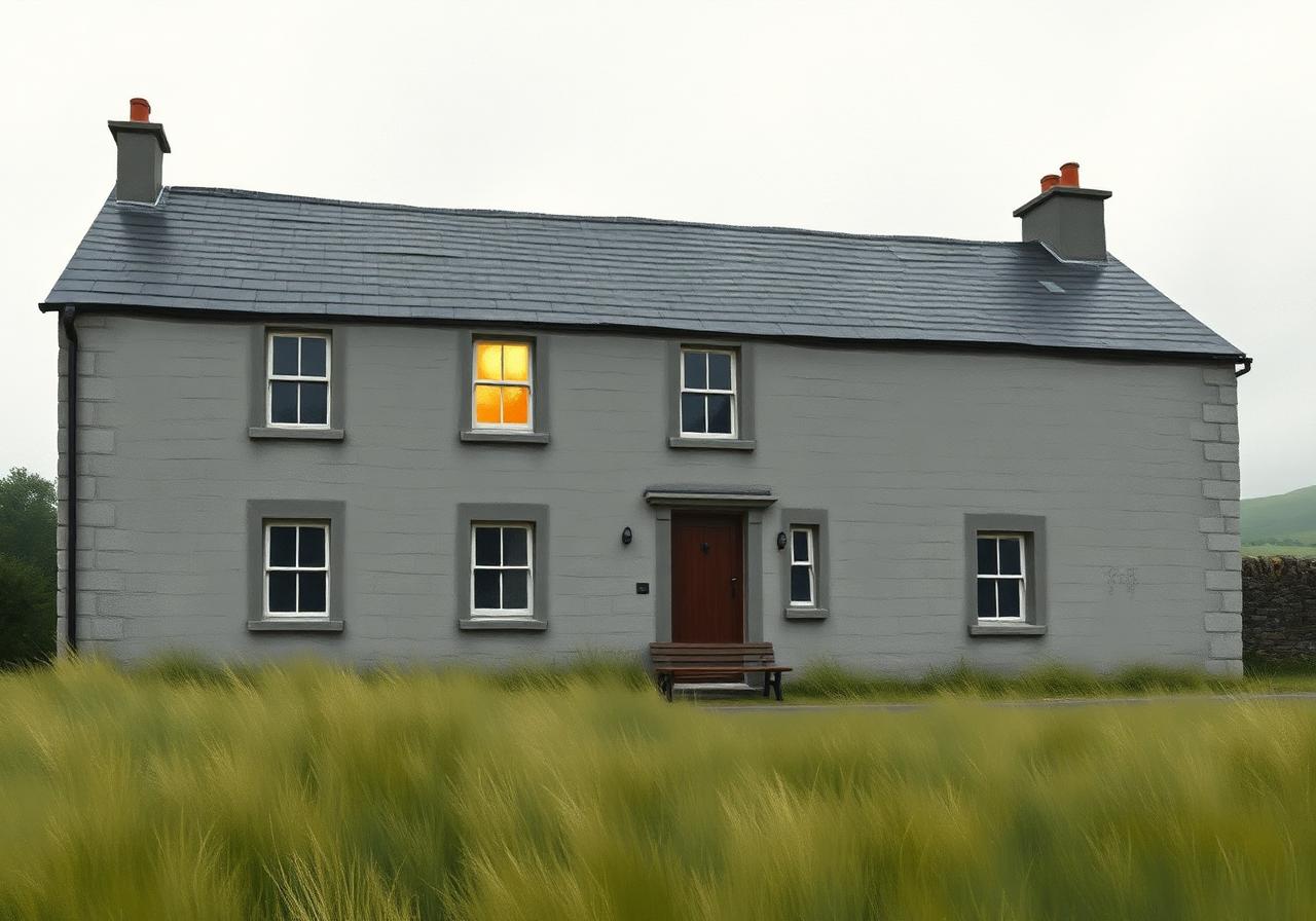 Painterly view of the restored 1845 grey-stone Dunfanaghy famine workhouse on the edge of town, austere two-storey Victorian institutional architecture with a single small café window glowing warmly to one side, overcast soft sky.