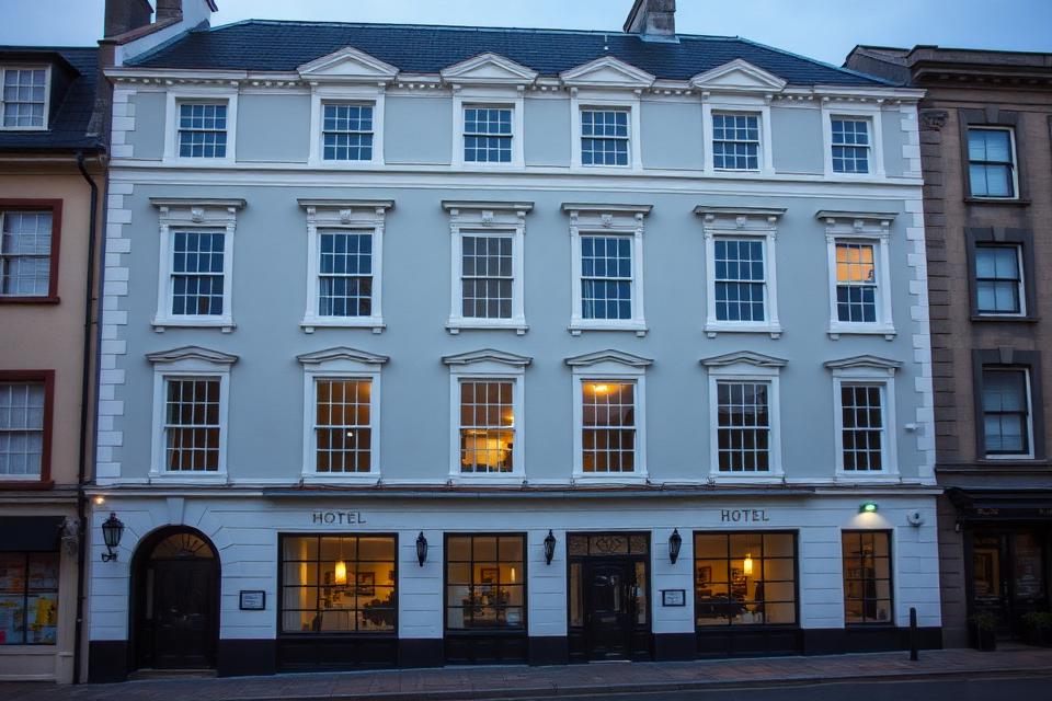 The Wyatt Hotel — a handsome four-storey Georgian facade on the Octagon in Westport, pale grey-cream plaster with white sash windows and a glossy black ground floor at blue hour.